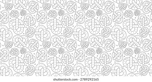 soft salted pretzel seamless pattern line design. baked german style bread snack illustration for bakery or beer garden. simple vector. pattern with white background.