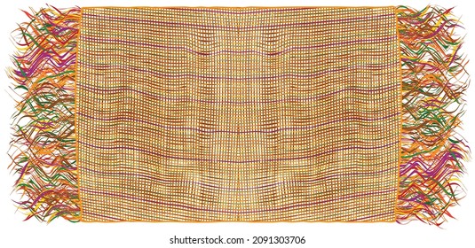 Soft scarf with grunge striped checkered weave pattern and wavy fringe in orange, violet, brown, green colors isolated on white background