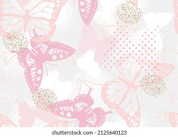 Soft, screen printed butterflies in a pink and gold color pallet. Seamless vector patterns are great for backgrounds, wallpaper, and surface designs.