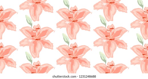 Soft seamless floral pattern. Beautiful lily flowers on white. Abstract hand drawn vector background