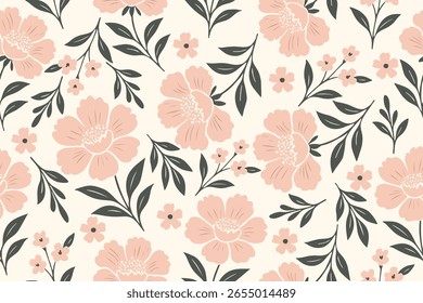 Patrón floral suave sin fisuras con flores de color rosa rubor y hojas de color verde oscuro sobre un fondo crema. Ideal para tela, Fondo de pantalla, invitaciones o envoltura de regalo.