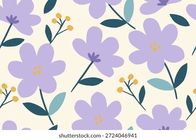 Padrão floral suave e sem emenda com flores roxas pastel, folhas delicadas e botões amarelos em um fundo cremoso, criando um design botânico calmo e moderno.
