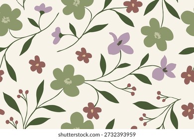 Soft seamless floral pattern with pastel green and lavender flowers, delicate leaves, and organic vines on a warm cream background, perfect for elegant design use.