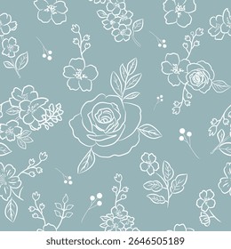 Soft seamless floral pattern with white rose and blossom outlines on dusty blue background. ideal for textile, wallpaper and feminine designs.
