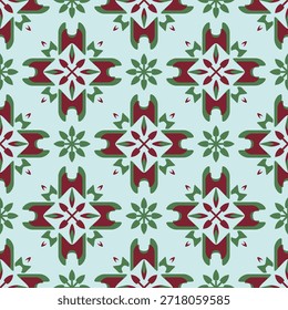 A soft seamless floral-geometric pattern with symmetrical green and maroon motifs on a light blue background, suitable for wallpaper, home decor, fabric design, stationery, packaging, and branding backgrounds.