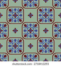 Un patrón floral geométrico suave sin costuras en azul y rojo sobre un fondo verde apagado. Tranquilo y clásico, ideal para Fondo de pantalla, decoración del hogar, estampados de tela, papelería, manualidades y fondos digitales.