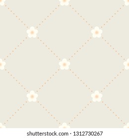 Soft seamless minimalist geometric pattern with small white flowers and orange dotted rhombuses on light beige background. Gentle, pastel, pale colors. Repeat botanical pattern. Vector illustration.