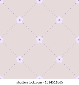 Soft seamless minimalist geometric pattern with small light purple flowers and violet dotted rhombuses on beige background. Gentle, pastel, pale colors. Repeat botanical pattern. Vector illustration.