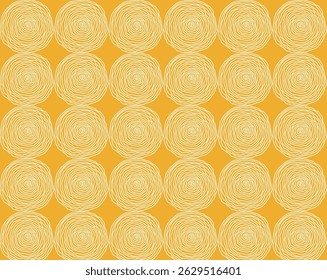 Soft seamless pattern with beige circles on yellow background in regular grid. Print in folk tribal style. Great for textiles, wallpapers, modern packaging and digital backgrounds.