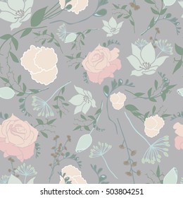 Soft seamless pattern with different floral elements as roses, lilies and such. Pastel color palette. 