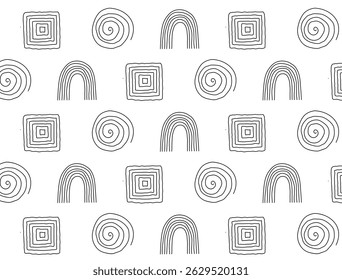 Soft seamless pattern with minimal rainbows, spirals, and squares. Hand-drawn doodle elements perfect for kids’ designs, packaging, and fun branding.