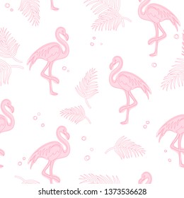 Soft seamless pattern with pink flamingos on white isolated background.