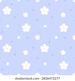 Soft seamless pattern with white flowers and blue dots arranged on a pastel periwinkle background. A charming botanical design for textile, wallpaper, stationery and wrapping paper