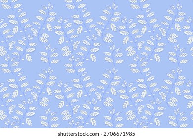 Soft seamless vector pattern with delicate hand drawn leaf branches in white and pastel tones on a light blue background. Airy, elegant designs for textiles, packaging and stationery