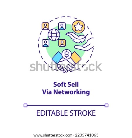 Soft sell via networking concept icon. Building business relationship. Entrepreneur abstract idea thin line illustration. Isolated outline drawing. Editable stroke. Arial, Myriad Pro-Bold fonts used