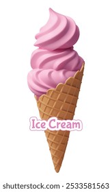 Sirva el remolino de helado de bayas suaves en cono de estilo oblea. Iconos vectoriales realistas en 3D rosados. Ilustración vectorial de helado de fresa en cono de gofre sobre fondo blanco. Comida dulce para el Web