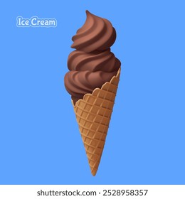 Sirva el remolino de helado de chocolate suave en cono estilo oblea. Chocolate 3d iconos vectoriales realistas. Ilustración vectorial de helado de remolino en cono de gofre sobre fondo de color azul. Comida dulce para el Web