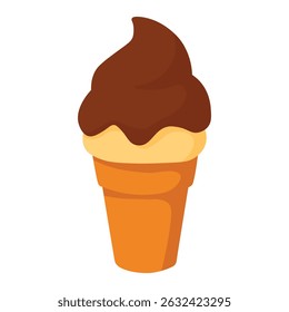 Soft serve ice cream with chocolate topping in a waffle cone. Sweet cartoon dessert.