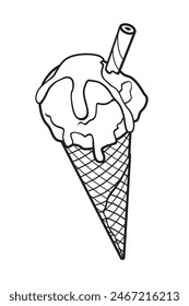 Soft Serve Ice Cream in Cone outline vector illustration isolated on white background, eps