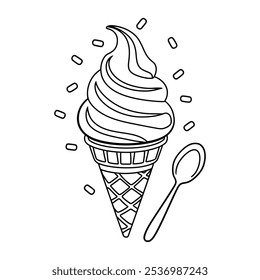 Soft Serve Ice Cream with Cone, vector outline illustration isolated, eps