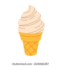 Serve gelado macio em um cone com redemoinho bege em fundo branco, ideal para visuais de comida doce, embalagem e temas de sobremesa