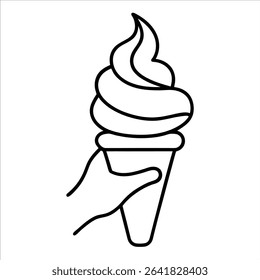 soft serve ice cream cone held by hand in continuous line art drawing style ideal for ice cream parlor marketing dessert illustrations and refreshing summer visuals