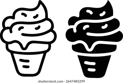 Soft Serve Ice Cream Cone Icon Set – Black and White Dessert Sweet Symbol Vector Illustration