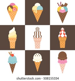 soft serve ice cream cone with topping and waffle in various taste, flat design icon vector