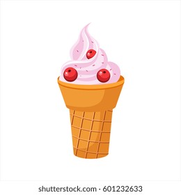 Soft Serve Ice Cream In A Cone With Berries, Street Fast Food Cafe Menu Item Colorful Vector Icon