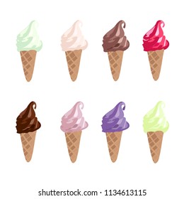 Soft serve Ice Cream Cones - strawberry, vanilla, pistachio and chocolate ice creams or frozen custards in cone Isolated on white background