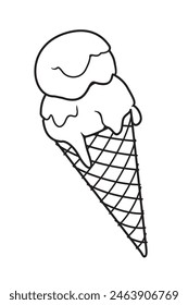 Soft Serve Ice Cream Double Ball with Cone, vector outline illustration isolated, eps