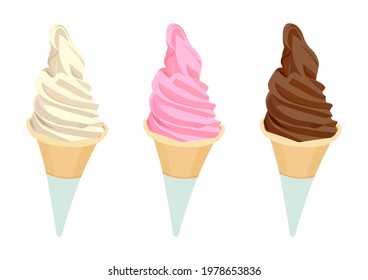 Soft serve ice cream illustration set (white background, vector, cut out)