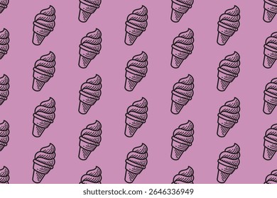 soft serve ice cream line art pattern on purple background. summer dessert seamless pattern background. swirl ice cream cone doodle motif wallpaper design for kids product and merchandise