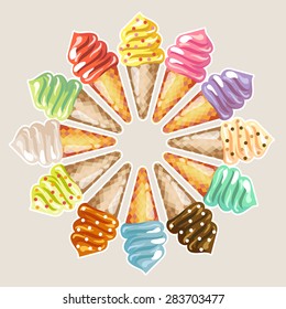 Soft serve ice cream set. Waffle cones. Summer food background. 