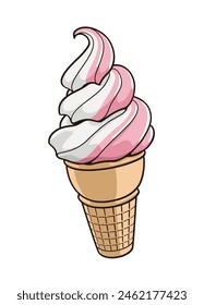 Soft Serve Ice Cream Strawberry and Vanilla in Cone, vector illustration isolated, eps