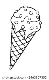 Soft Serve Ice Cream with Toppings in Cone, vector outline illustration isolated, eps