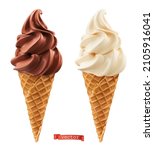 Soft serve ice cream in wafer style cone. Chocolate and vanilla 3d realistic vector icons