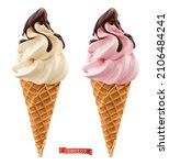 Soft serve ice cream in wafer style cone. Chocolate and cream 3d realistic vector icons