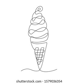 Soft serve ice cream in waffle cone in continuous line art drawing style. Black line sketch on white background. Vector illustration