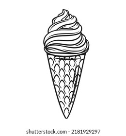 Soft Serve Ice Cream In Waffle Cone, Outline Icon Vector Illustration. Hand Drawn Line Summer Dessert With Vanilla Flavor, Swirl Of Milk Sundae Or Frozen Yogurt, Sweet Creamy Food Product For Kids