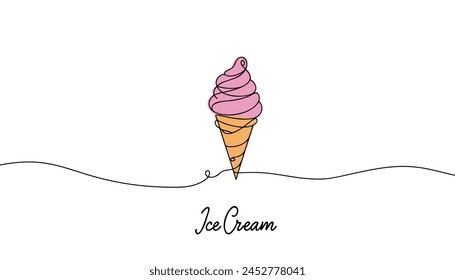 Soft serve ice cream in waffle cone in continuous line art drawing style. Black line sketch on white background.