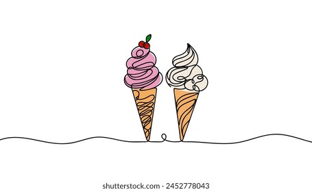 Soft serve ice cream in waffle cone in continuous line art drawing style. Black line sketch on white background.