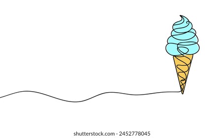 Soft serve ice cream in waffle cone in continuous line art drawing style. Black line sketch on white background.