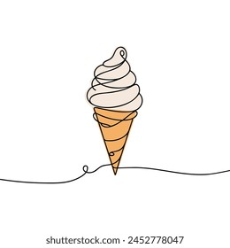 Soft serve ice cream in waffle cone in continuous line art drawing style. Black line sketch on white background.