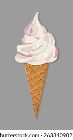 Soft serve ice cream in a waffle cone, illustrated with creamy texture and light pink highlights, set against a simple gray background. Perfect for dessert and summer themes.