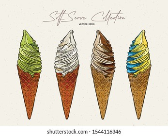 Soft serve ice-cream collection. Hand draw sketch vector.
