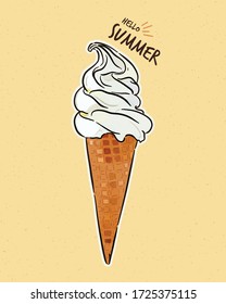 Soft serve ice-cream cone. Hand draw sketch vector.