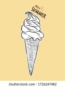 Soft serve ice-cream cone. Hand draw sketch vector.