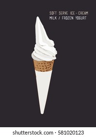 Soft serve icecream / Frozen Yogurt in Waffle cone . Milk ice-cream . Hand Drawn illustration Vector