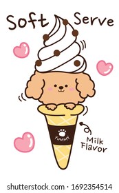 Soft serve on head cute dog hand drawn. Milk flavor ice cream on cone background. Cartoon doodle style. Can be use for card, menu, T-shirt. Vector. Illustration. 